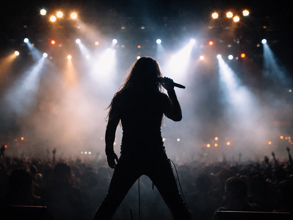 Silhouetted metal vocalist under bright arena spotlights, moody concert stage with blurred crowd behind