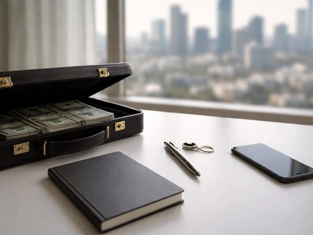 Minimal office desk with luxury pen, scattered currency, and blurred city skyline for wealth estimation theme.