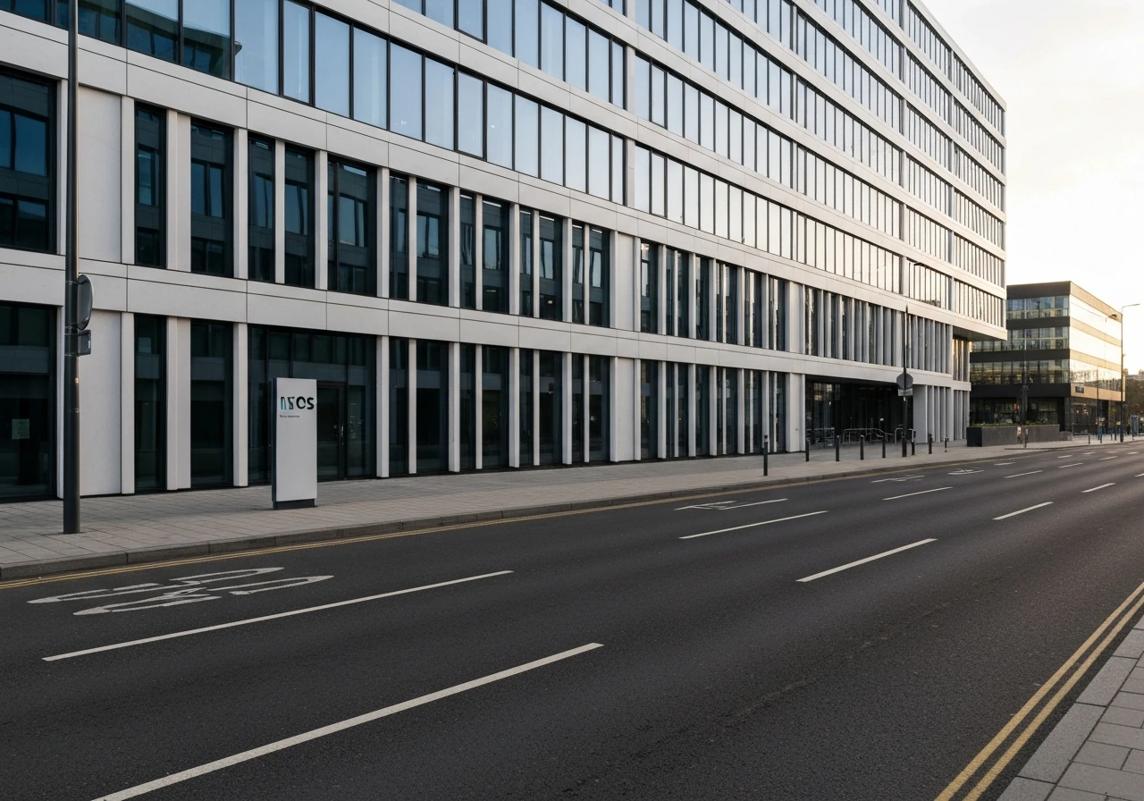 Modern corporate headquarters exterior with glass and metal facade in natural evening light.