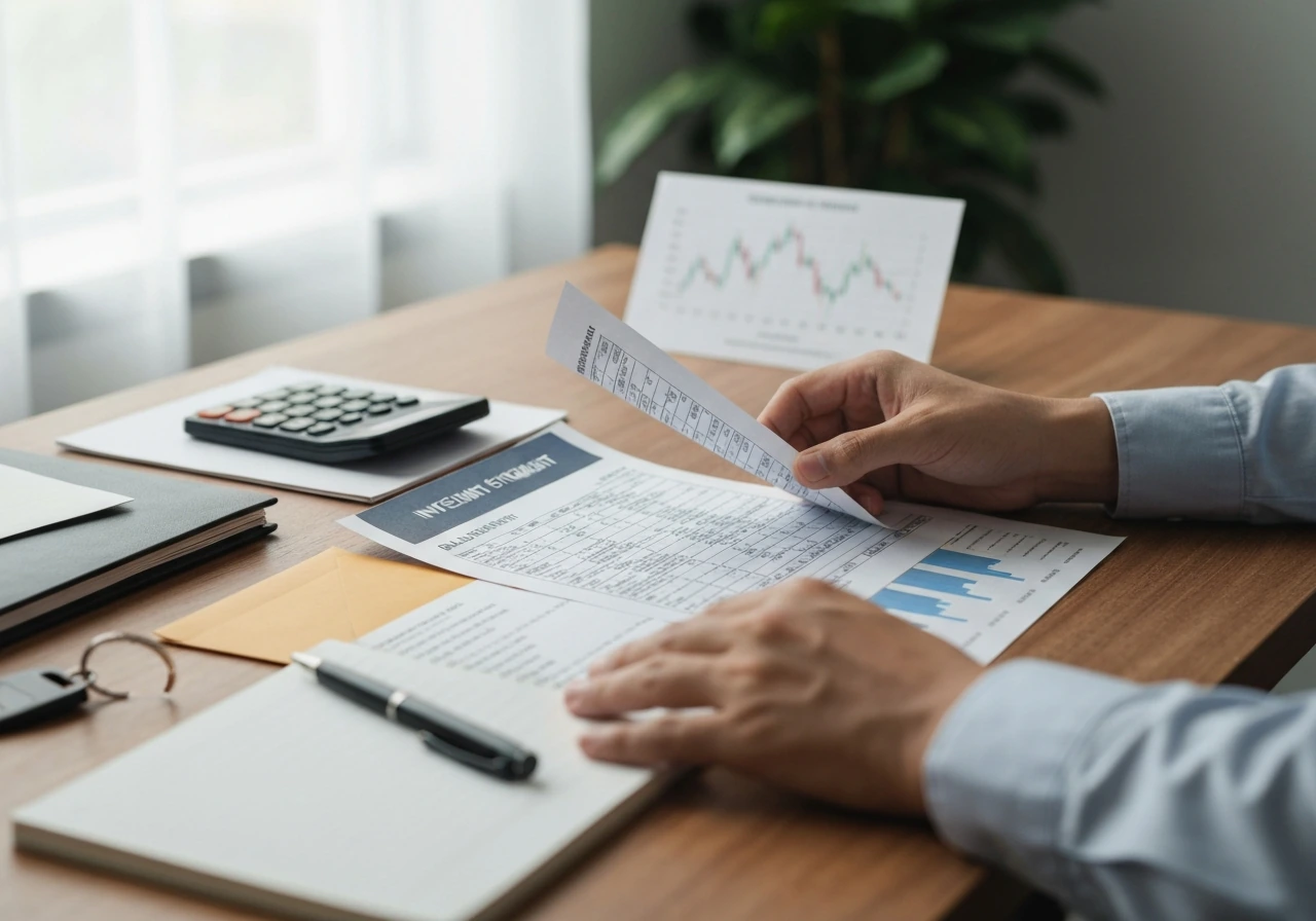 Person in a quiet office reviews investment papers beside a calculator and stock chart printout