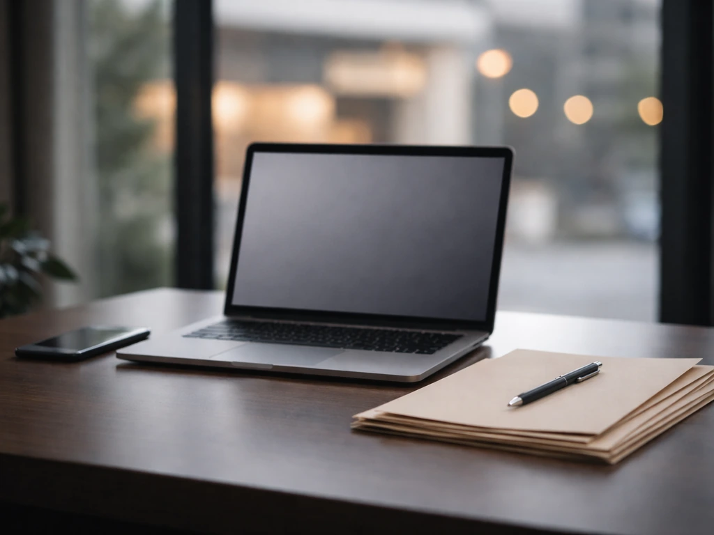 Minimal photo of a finance-focused office desk with laptop, documents, and a subtle home-services theme