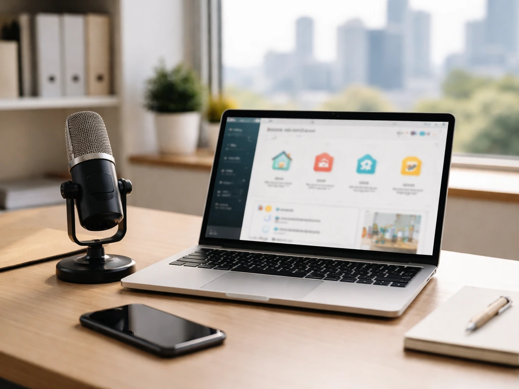 Minimal modern office desk with laptop, studio microphone, and a dark phone, city skyline softly blurred
