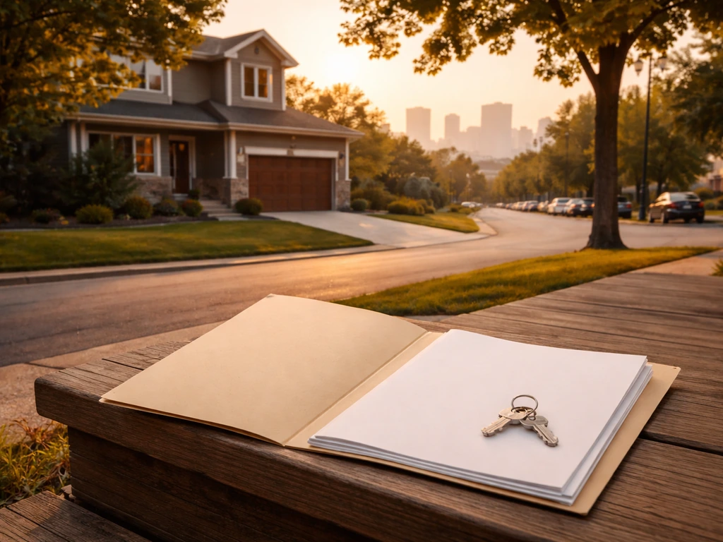 Denver-area residential street with an open folder of blank papers and a house key on a porch step.