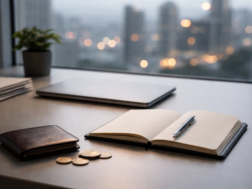 Minimal business desk scene with a laptop, city light through window, and subtle wealth symbolism