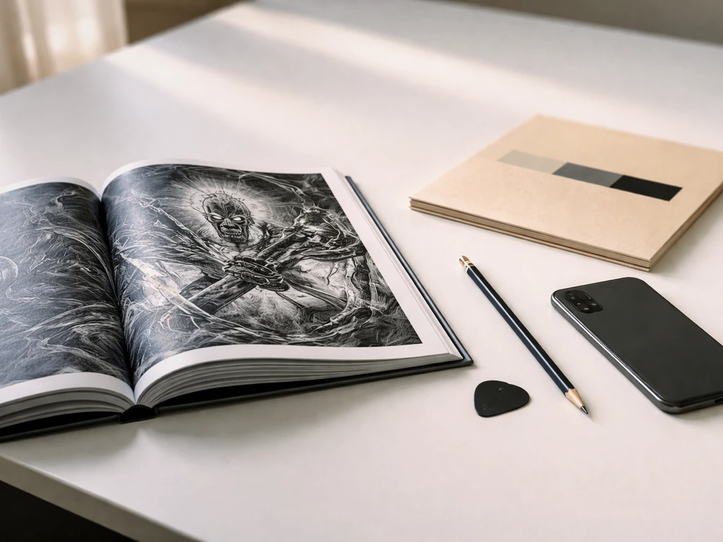 Iron Maiden-themed illustration books and a blurred reference dossier on a desk, symbolizing disambiguation