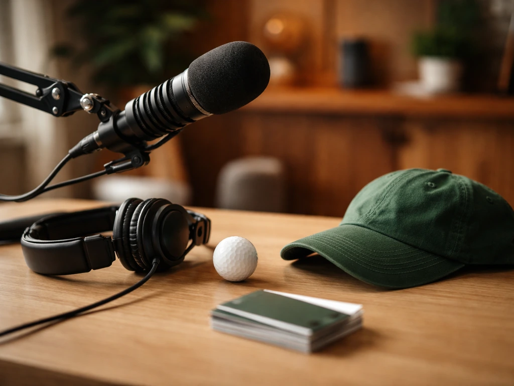 Minimal photo of a golf podcast studio desk with a microphone and Barstool-like green cap, evoking Fore Play.