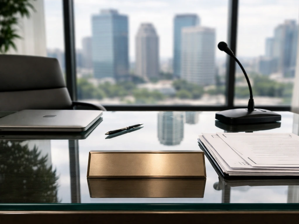 Minimal executive office desk with microphone and documents, city skyline visible through window, no people.