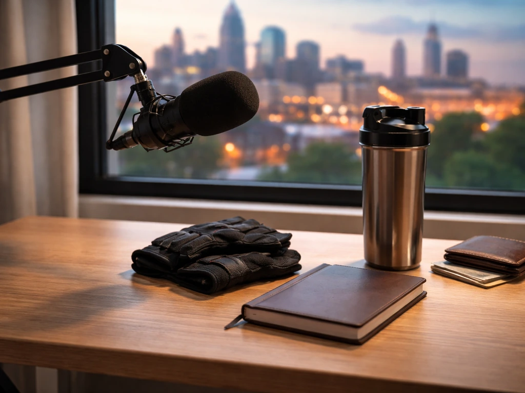 Minimal photo of a fitness-themed podcast studio desk with a microphone and a subtle money-savings vibe