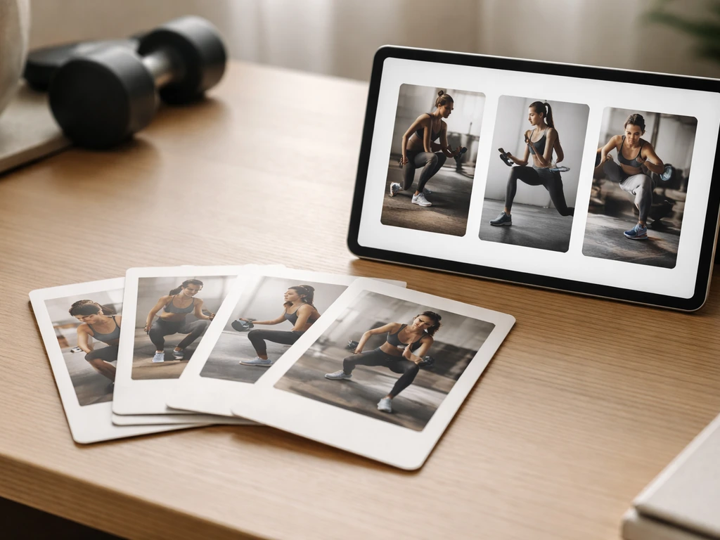 Close-up of printed and on-screen digital fitness program cards on a desk, minimal and realistic.