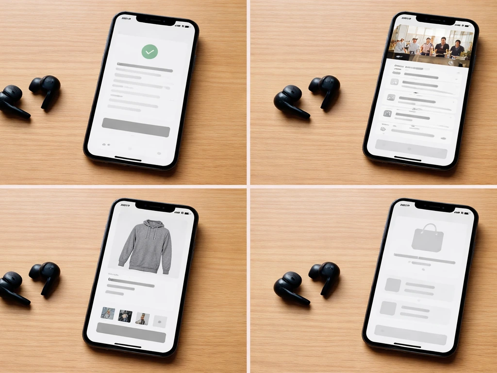 2x2 grid of smartphone screenshots on a wooden desk showing generic coaching and apparel touchpoints.