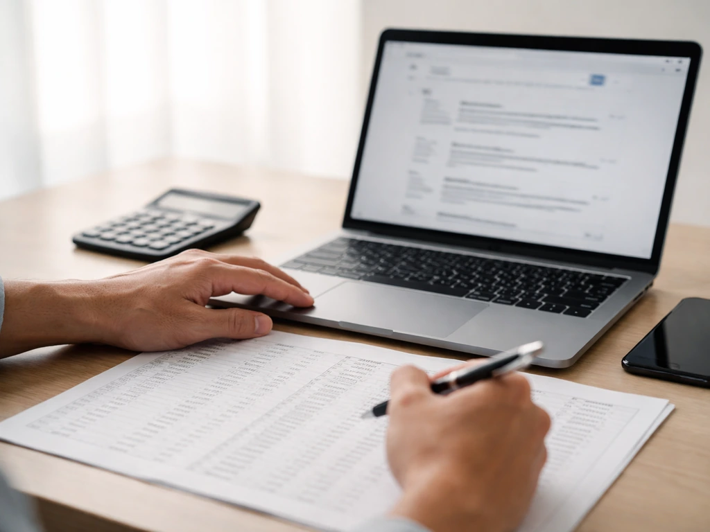 Person reviewing financial documents and using a laptop/tablet for official business search verification
