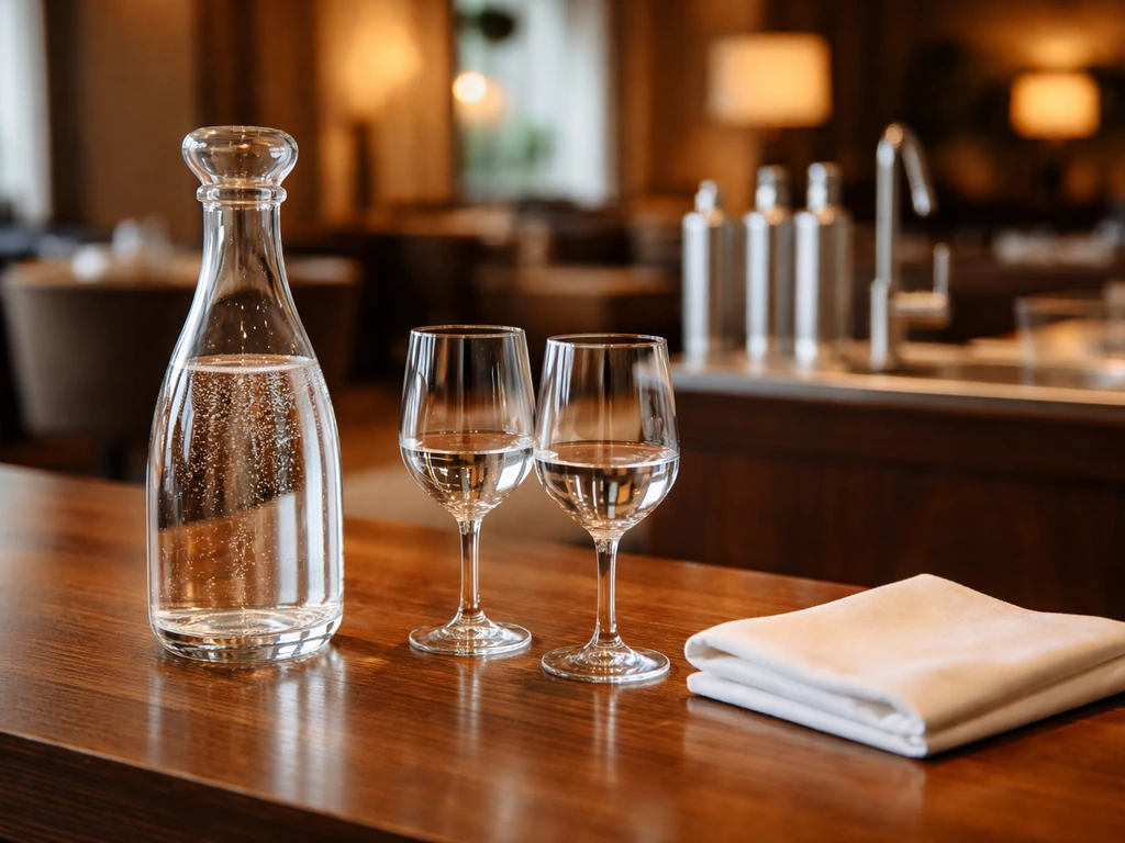 Minimal hotel bar scene with sparkling water carafe and glasses, warm lounge background, no people.