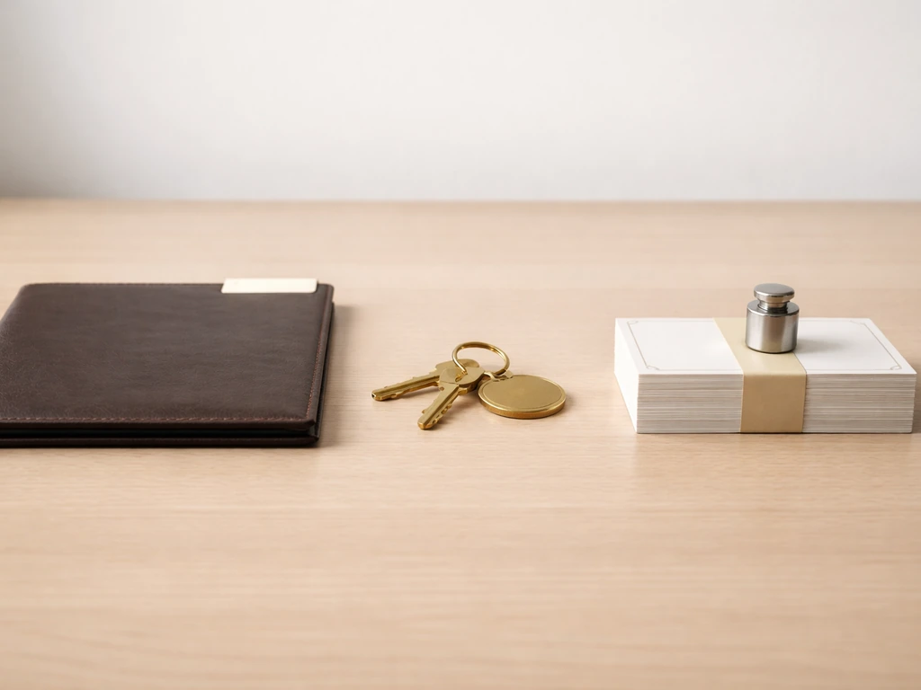 Minimal desk scene with three separate objects symbolizing LLC net worth meanings: assets, ownership, and valuation.