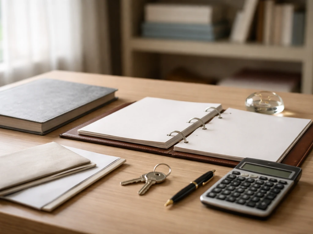 Minimal desk scene with calculator, keys, and financial folders suggesting asset and liability review.