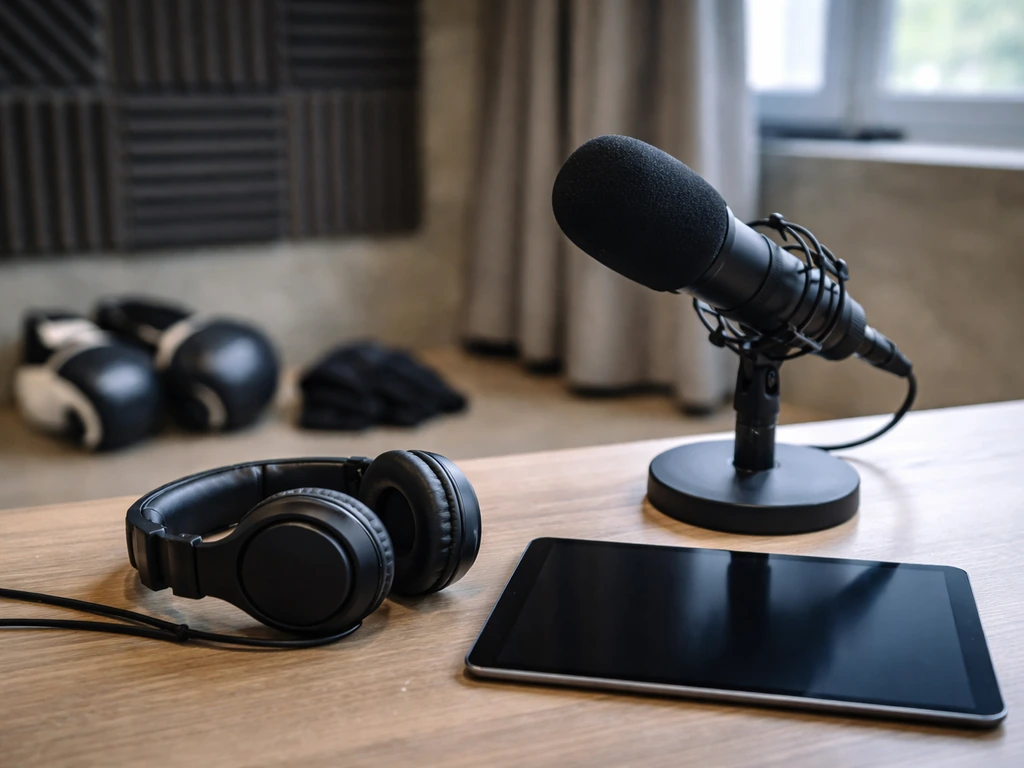 Minimal podcast studio scene with microphone, headphones, and a faint MMA coaching vibe in the background.