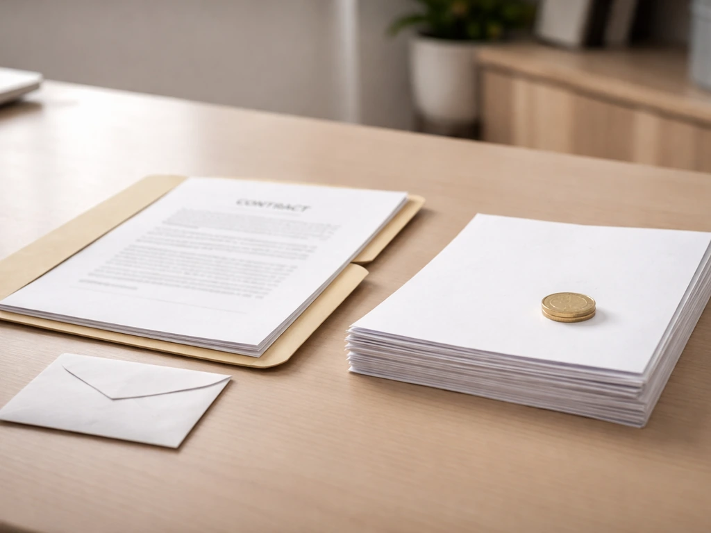 Minimal photo of a business desk with a contract folder and a single coin representing salary and distributions.